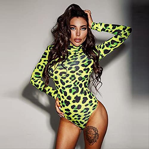 AYJMA Frauen Langarm Leopard Haut Prinetd Bodysuit Sexy Green Jumpsuit Skinny Leopard Tops Mode Strampler S Grün von AYJMA