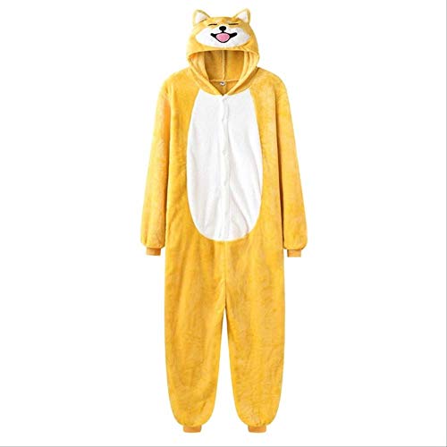 AYJMA Unisex Onesie Shiba Inu Kigurumis Gelber Hundepyjama mit Sllippers Home Wear Winter Warmer Flanell Jumpsuit XL Strampler von AYJMA