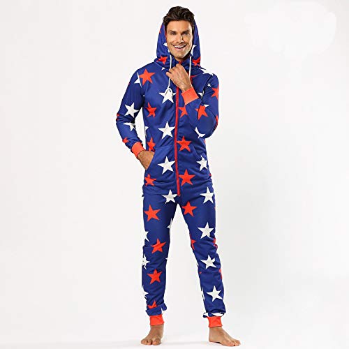 Männer Warm Fünfzackige Star Print Sleep Lounge Adult Nachtwäsche Pyjamas Männliche Overalls Hooded Onesies XL blau von AYJMA