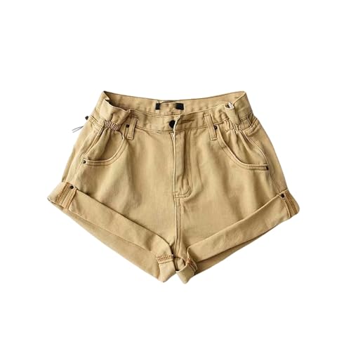 AYKZGIQS Shorts Damen Sommer-Denim-Shorts Fünffarbige Elastische Taille Curled Denim Hot Hosen Für Frauen-Khaki-l von AYKZGIQS