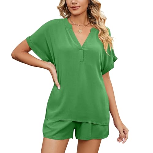 AYKZGIQS T Shirt Frauen Sommer Zweiteiliger Set Kurzärmel Gegen Nacken -T -Shirt -Anzug Freizeitschnüre -Shorts Tracksan-Grün-S von AYKZGIQS