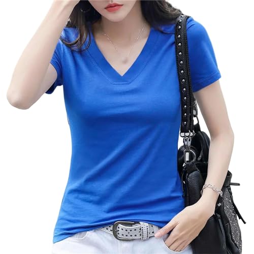 AYKZGIQS T-Shirts für Damen Skinny T-Shirt Frauen V-Ausschnitt Büro T-Shirt Weiblich Kurzarm V-Ausschnitt Baumwolle Sommer Femme Solid Color T-Shirt-blau-XL von AYKZGIQS