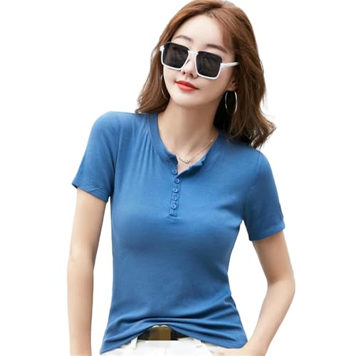 AYKZGIQS T-Shirts für Damen Sommer Kurzarm T-Shirt Frauen O-Ausschnitt Knopf Büro T-Shirt Weibliches Slim Tee Shirt Femme Solid Color T-Shirt-blau-l von AYKZGIQS