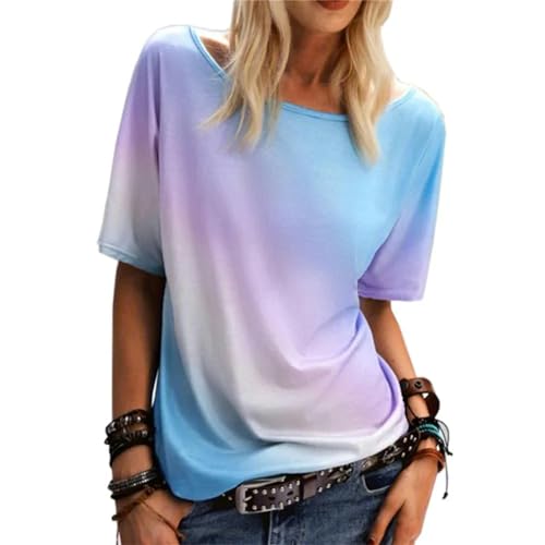 AYKZGIQS T-Shirts für Damen Women's Wear Large Size S-5xl Regenbogenverlauf Bedrucktes Kurzärmeliges Damen T-Shirt Bequemes Gewebe-blau-XL von AYKZGIQS