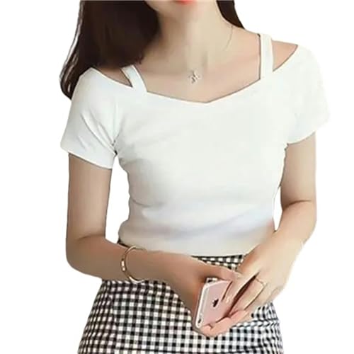 AYKZGIQST Shirt Kurzarm T-Shirt Frauen Schulter Von Mode T-Shirt Femme Slim V-Ausschnitt T-Shirt Womacn Kleidung-Weiss-L von AYKZGIQS