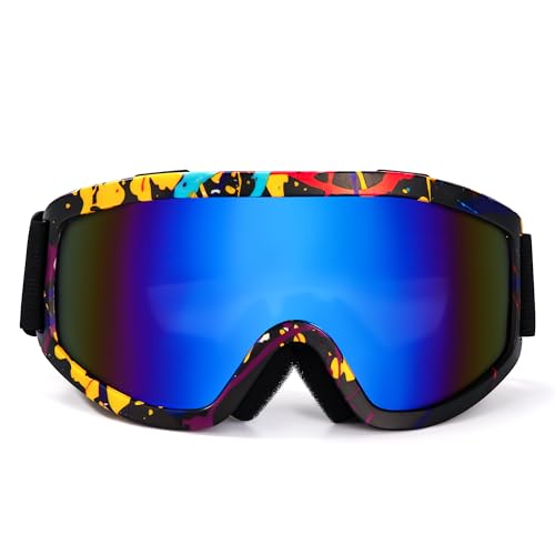 AYMQC Skibrille Motocross Brille UV Schutzbrille Snowboardbrille mit Schaumstoffpolsterung für Outdoor Aktivitäten Damen Herren Blau mit Bunte Rahmen von AYMQC