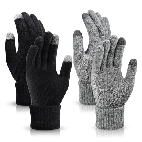 AYPOW 2 Paar Thermo Winterhandschuhe Herren, Gestrickte Handschuhe Tochsccreen für Herren Damen mit Fleece Futter, Warm Dehnbare Strickhandschuhe für Outdoor Sport Laufen Fahren Universalgröße von AYPOW