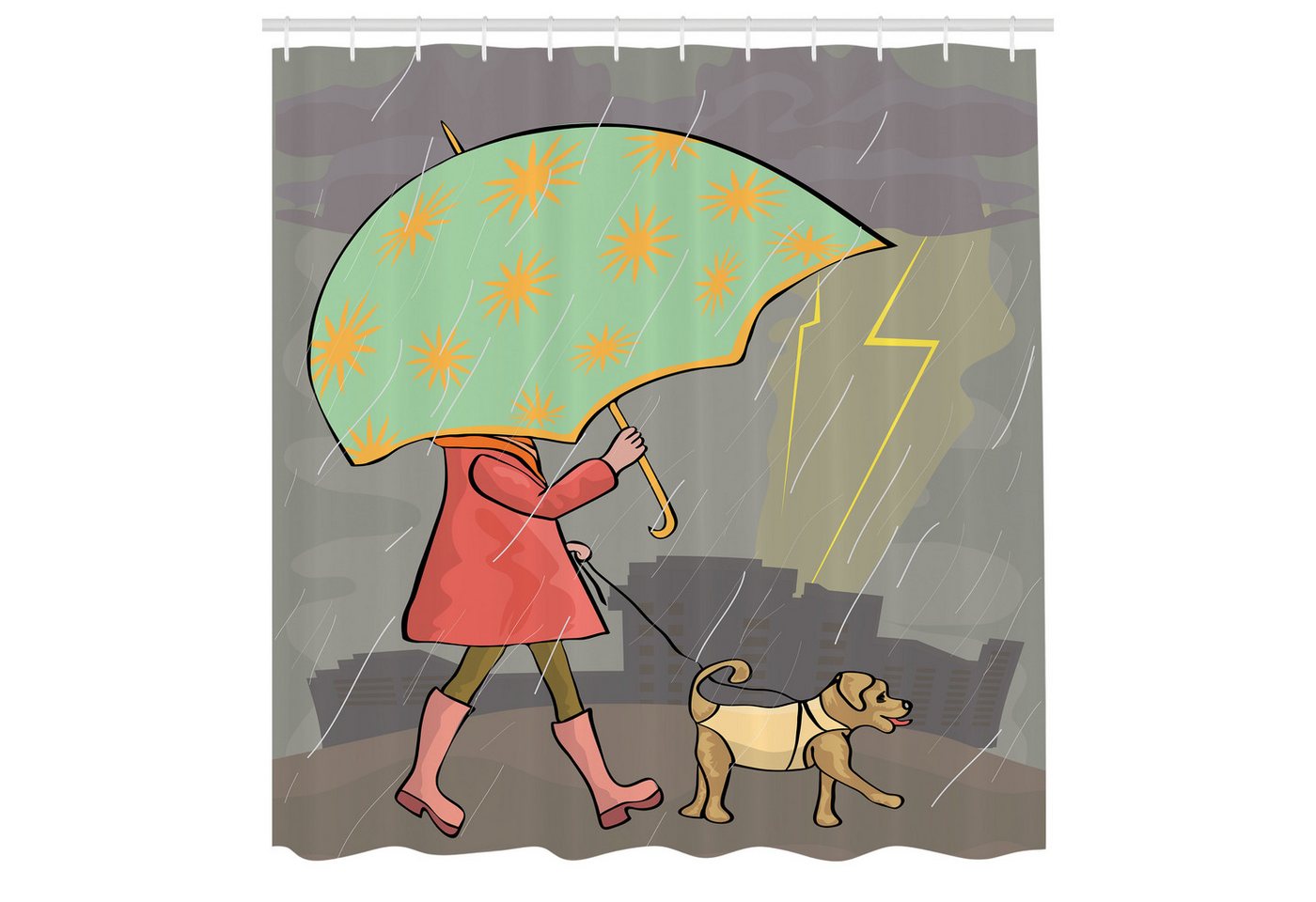 Abakuhaus Duschvorhang Moderner Digitaldruck mit 12 Haken auf Stoff Wasser Resistent Breite 175 cm, Höhe 180 cm, Regenschirm-Mädchen Lady Walking mit Hund von Abakuhaus