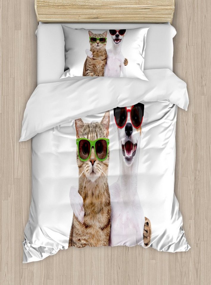 Bettwäsche Top Qualität Weich und Warm 3 Teiligen Bettbezug mit 1 Kissenbezüge, Abakuhaus, Microfaser, Süße Katze Katze und Hund in den Sonnenbrillen von Abakuhaus