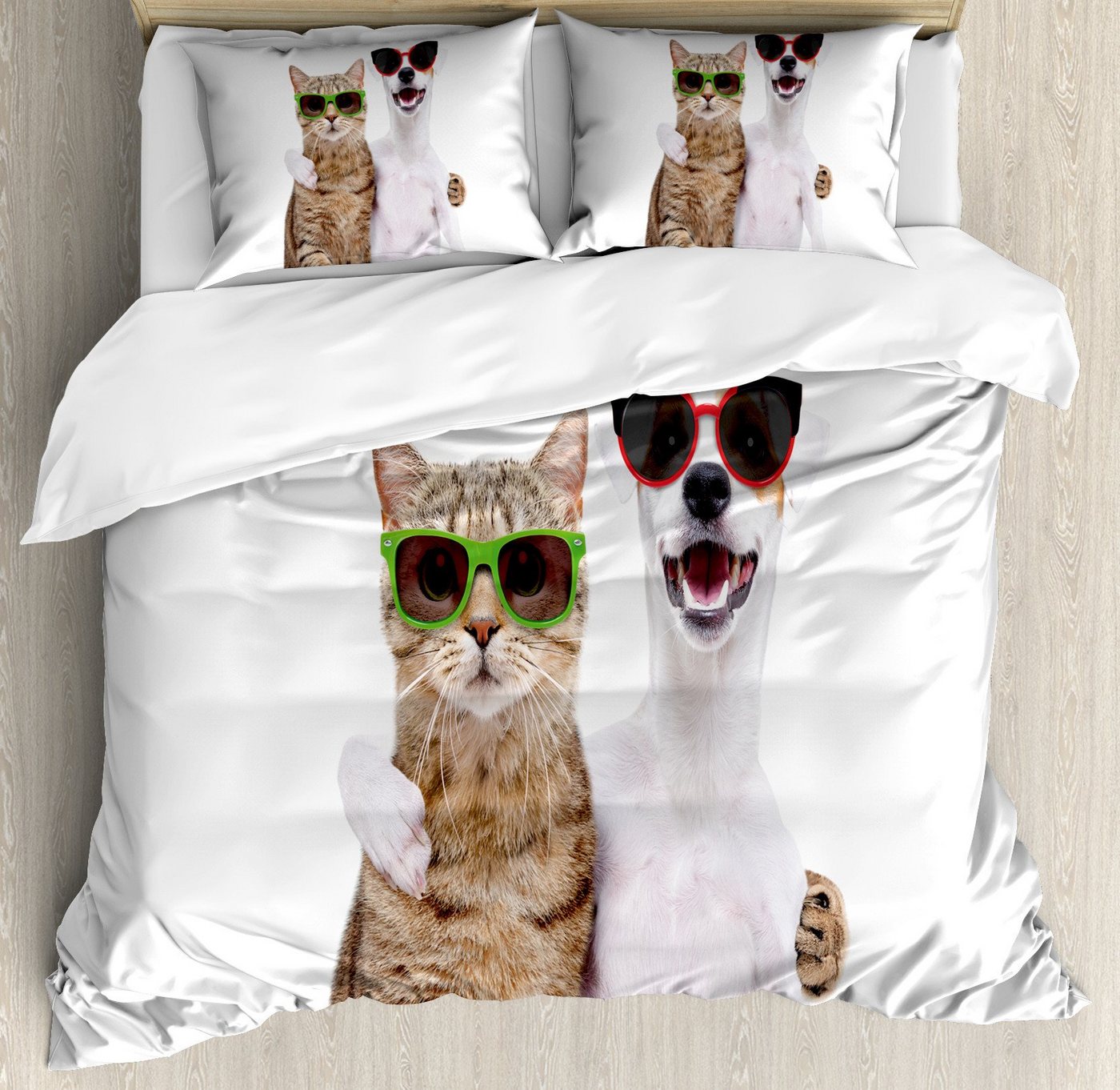 Bettwäsche Top Qualität Weich und Warm 3 Teiligen Bettbezug mit 2 Kissenbezüge, Abakuhaus, Microfaser, Süße Katze Katze und Hund in den Sonnenbrillen von Abakuhaus