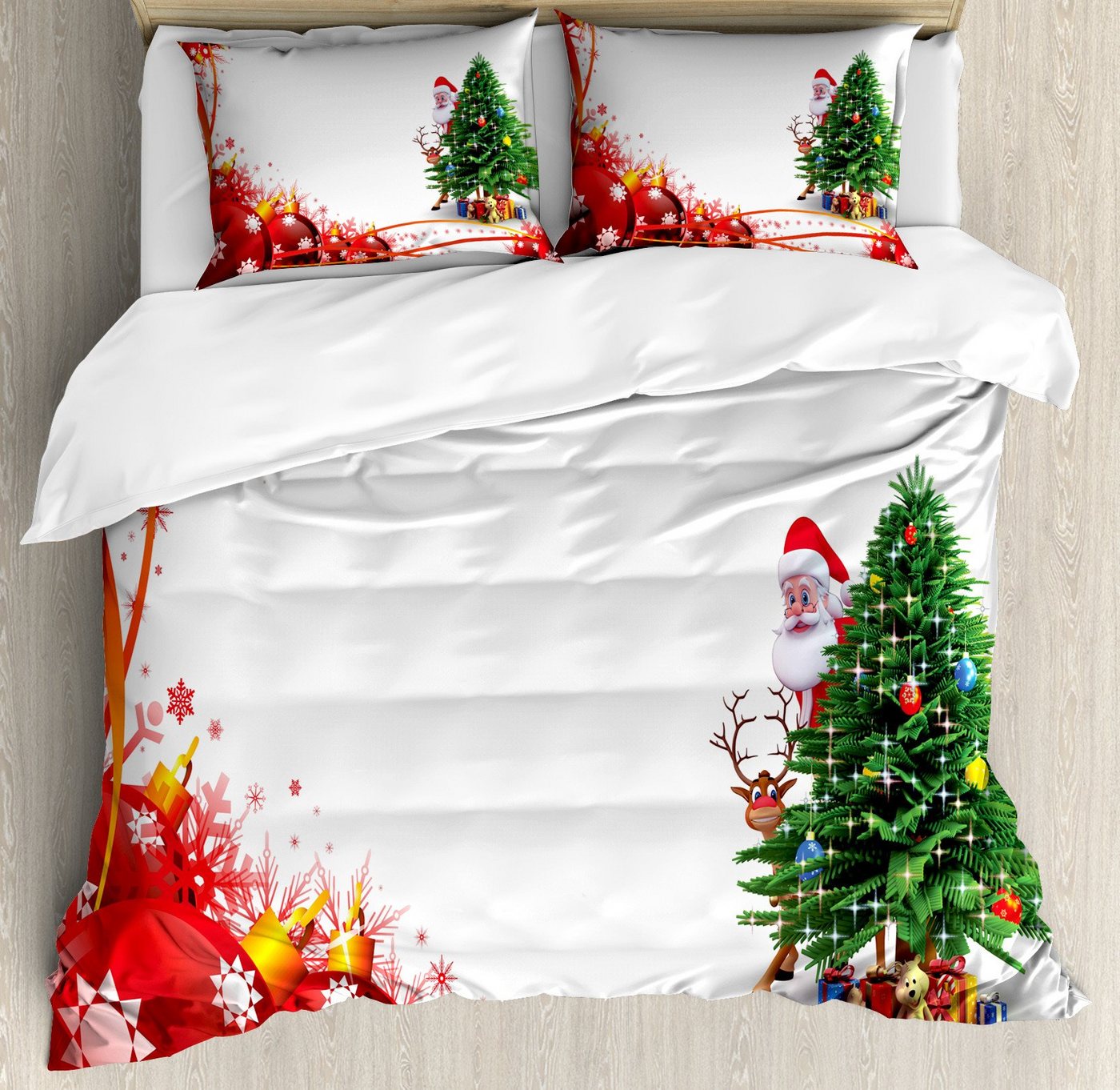 Bettwäsche Top Qualität Weich und Warm 3 Teiligen Bettbezug mit 2 Kissenbezüge, Abakuhaus, Microfaser, Weihnachtsmann Red Ball Baum von Abakuhaus