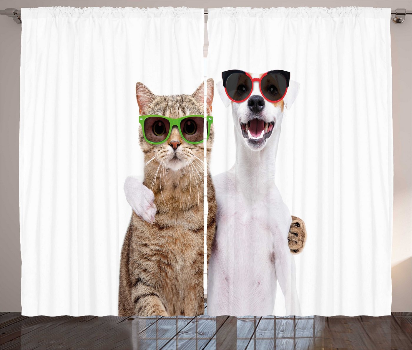 Gardine Schlafzimmer Kräuselband Vorhang mit Schlaufen und Haken, Abakuhaus, Süße Katze Katze und Hund in den Sonnenbrillen von Abakuhaus