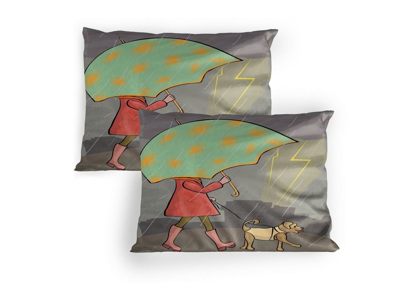 Kissenbezüge Dekorativer Standard Gedruckter Kissenbezug, Abakuhaus (2 Stück), Regenschirm-Mädchen Lady Walking mit Hund von Abakuhaus