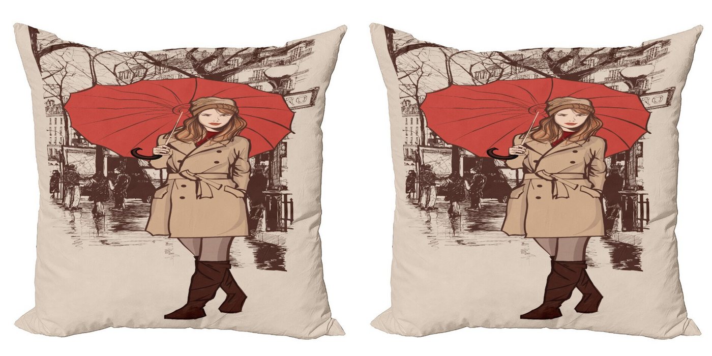 Kissenbezüge Modern Accent Doppelseitiger Digitaldruck, Abakuhaus (2 Stück), Regenschirm-Mädchen Lady Walking in Paris von Abakuhaus