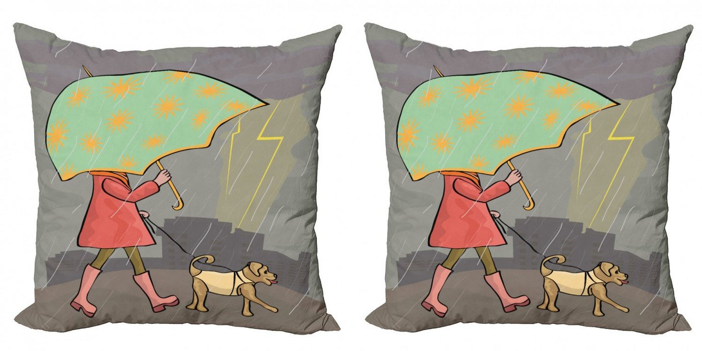 Kissenbezüge Modern Accent Doppelseitiger Digitaldruck, Abakuhaus (2 Stück), Regenschirm-Mädchen Lady Walking mit Hund von Abakuhaus