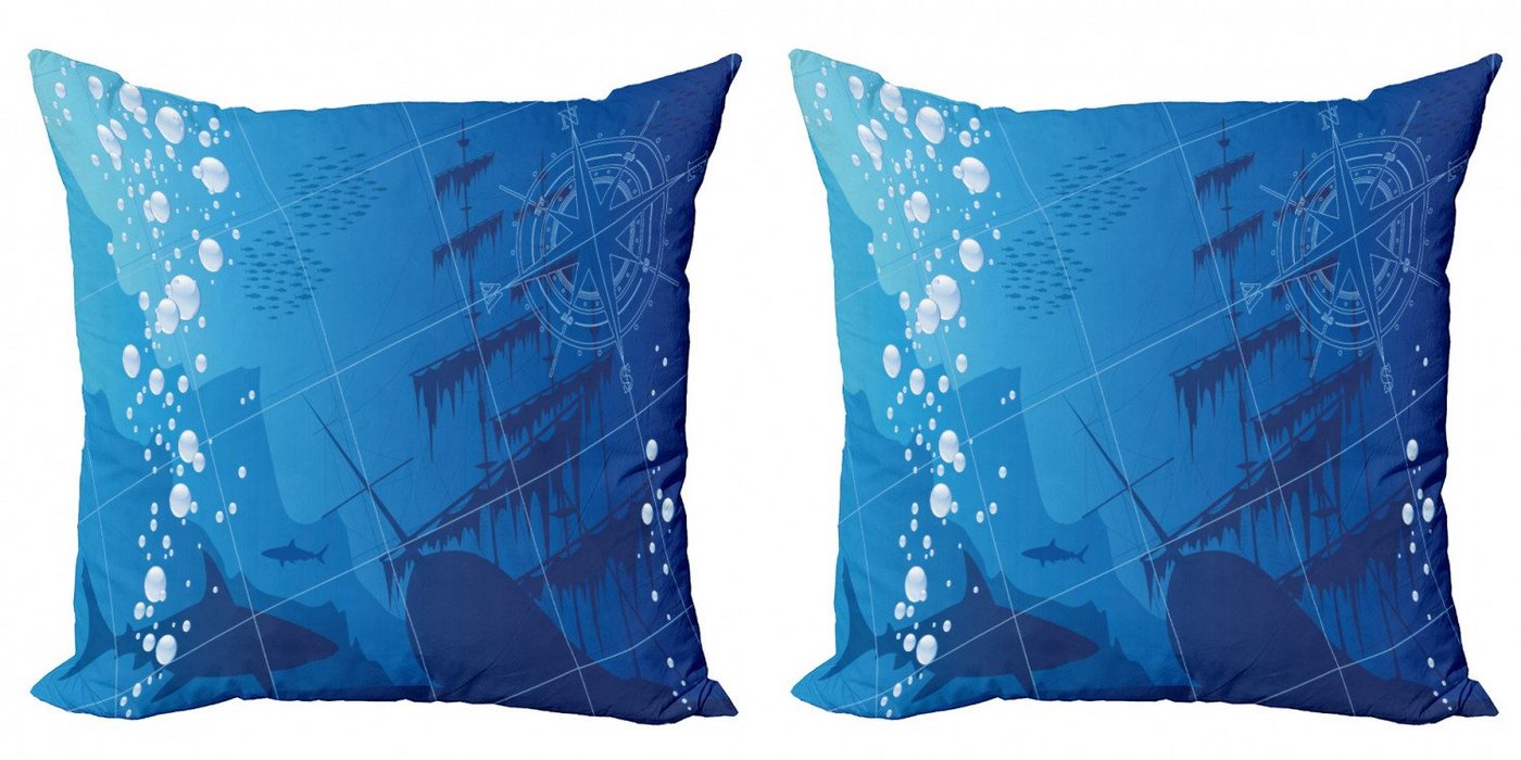 Kissenbezüge Modern Accent Doppelseitiger Digitaldruck, Abakuhaus (2 Stück), Unterwasser- Haie Schiffskompass von Abakuhaus