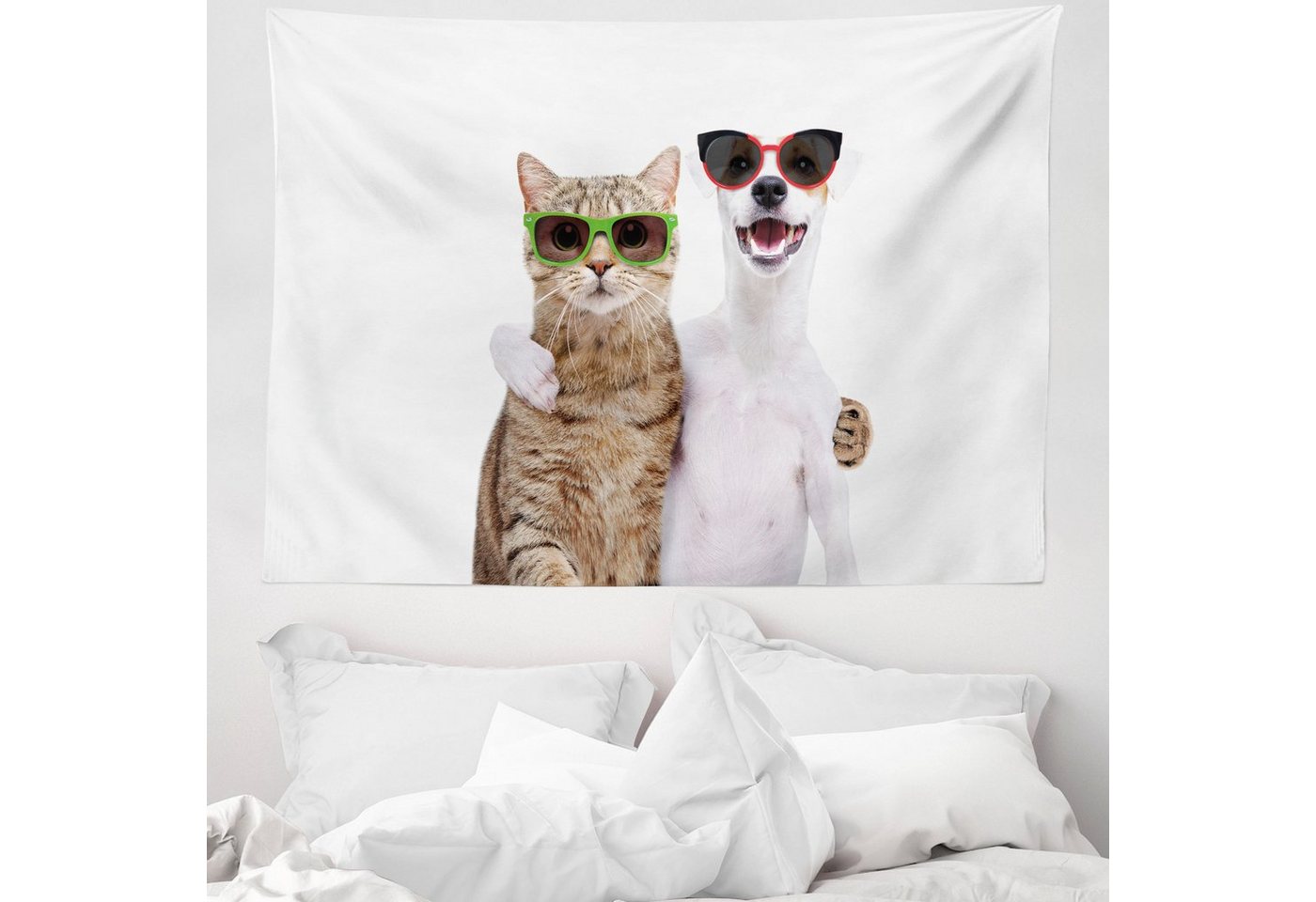 Wandteppich aus Weiches Mikrofaser Stoff Für das Wohn und Schlafzimmer, Abakuhaus, rechteckig, Süße Katze Katze und Hund in den Sonnenbrillen von Abakuhaus