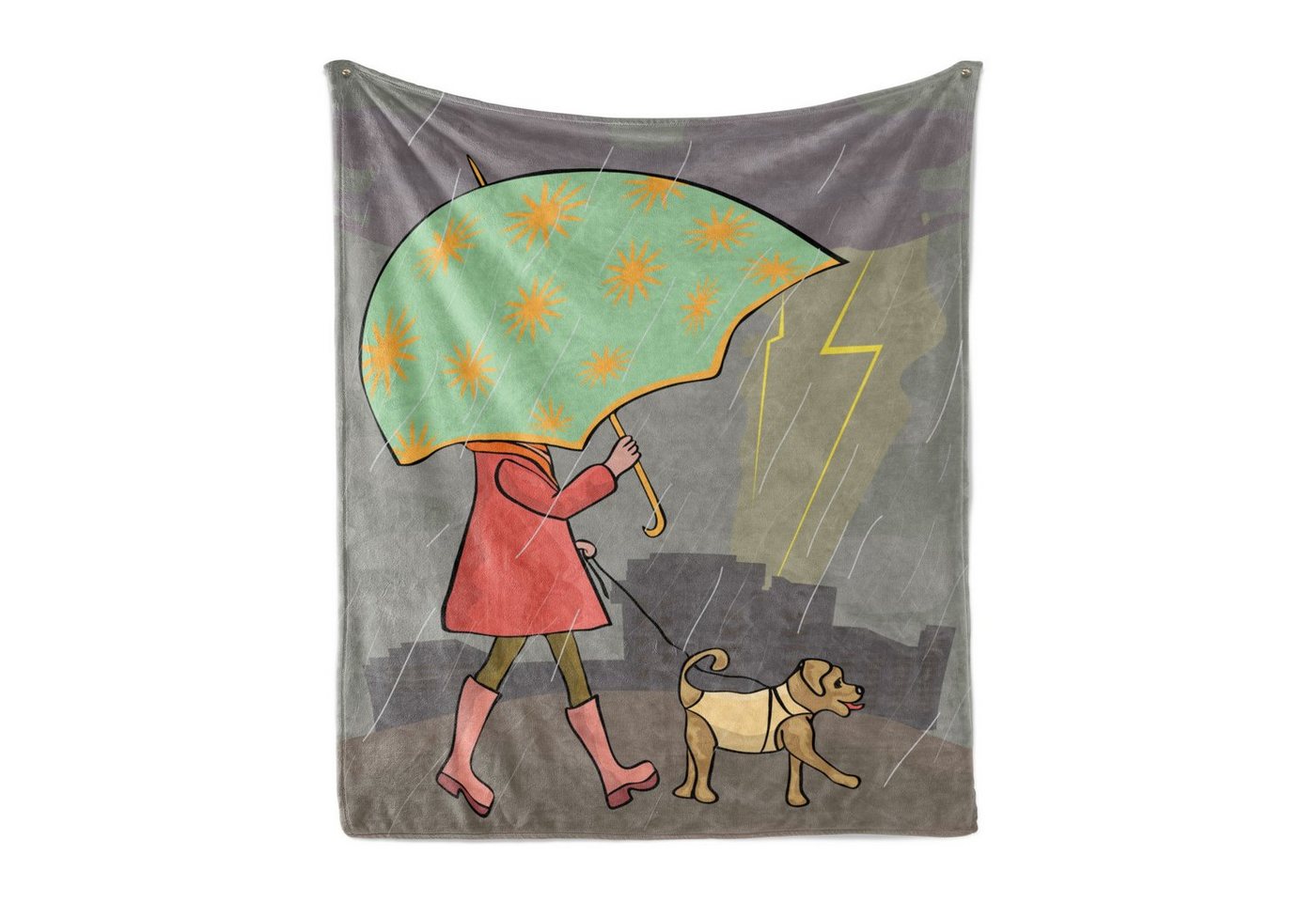 Wohndecke Gemütlicher Plüsch für den Innen- und Außenbereich, Abakuhaus, Regenschirm-Mädchen Lady Walking mit Hund von Abakuhaus