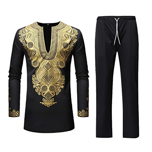 Herren Afrikanisches 2-teiliges Set Langarm Dashiki Print Hemd und Hose Outfit Traditioneller Anzug Black Suit XXXL von Abigprofit
