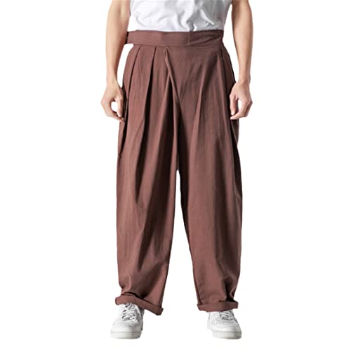 Herren Plus Size Leinen Freizeithose Chinesischer Stil Retro Lose Tai Chi Kung Fu Harem Baggy Pants Brown 5XL von Abigprofit