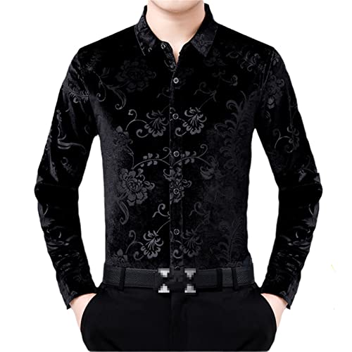 Männer Thermal Samt Hemden über Blumen Schwarzes Kleid Flanell Velours Gents Casual Hemden Black Thick 4XL 93 to 100kg von Abigprofit