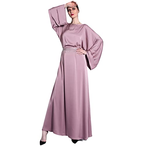 Ramadan Muslimische Frauen Einfarbig Langes Kleid Satin Luxus Gürtel Lose Kaftan Abaya 05 Light Purple 2XL von Abigprofit
