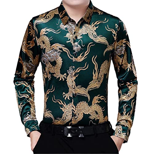 Wein-rotes Samt-Samt-Hemd-Männer-Herbst-Gold-Drachen-Druck-Velours-Kleid Hemden Casual Button Down-Shirt Green 4XL von Abigprofit