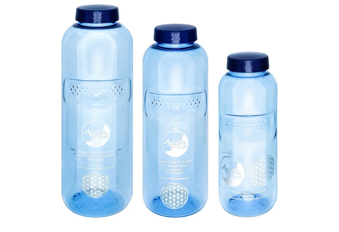 AcalaQuell Trinkflasche Optimal Set Grip, 1x 0,5L, 1x 0,75L, 1x 1,0L, weichmacherfrei & lebensmittelecht von AcalaQuell