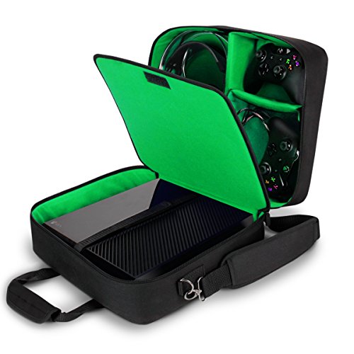 USA Gear Tragetasche für Gaming Konsolen - Schutz Konsolentasche mit Schultergurt und Unterteilbaren Fächer für Zubehör und Games – Kompatibel mit Xbox One X, Xbox One S und Weiteren Konsolen - Grün von USA Gear