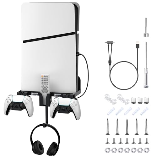 Aceshop Wandhalterung PS5 Slim,Wandhalterung Set für Playstation 5 Slim (Disc&digitale) PS5 Halterung Wand mit 2-in-1-Magnetladekabel Wandhalterung für PS5 Controller mit Kopfhörer-Aufhänger (Schwarz) von Aceshop