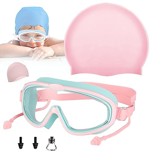 Acrebow Kinderschwimmbrille, Swim Schwimmbrille für 4-15-Jährige (Jungen, Mädchen und Jugendliche), Großes Objektiv Anti Fog Wasserdicht Komfortabeler,(180°-Panorama-HD-)（Vierteiliges Set0 (Rosa) von Acrebow