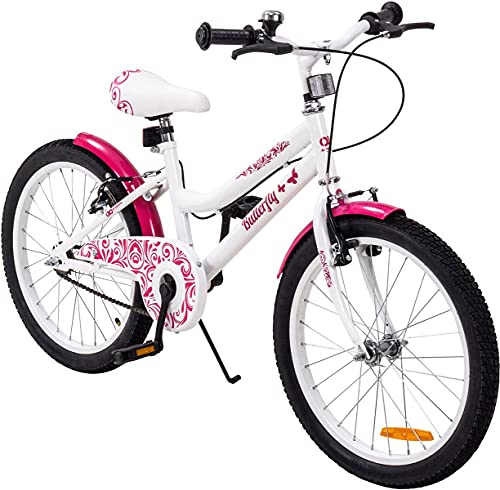 Actionbikes Kinderfahrrad Butterfly 20 Zoll - Kinder Fahrrad für Mädchen - Von 6-9 Jahren - V-Brake Bremse - Freilauf - Kettenschutz - Fahrräder - Laufrad - Kinderrad (Weiß/Pink) von Actionbikes Motors