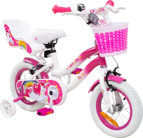 Actionbikes Kinderfahrrad Unicorn 12 Zoll - Kinder Fahrrad für Mädchen - Ab 2-5 Jahren - V-Brake Bremse - Kettenschutz - Luftbereifung - Fahrräder - Laufrad - Kinderrad (12 Zoll) von Actionbikes Motors