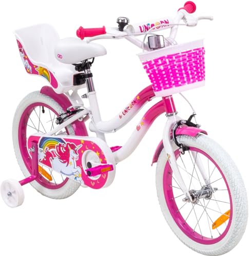 Actionbikes Kinderfahrrad Unicorn 16 Zoll - Kinder Fahrrad für Mädchen - Ab 4-7 Jahren - V-Brake Bremse - Kettenschutz - Luftbereifung - Fahrräder - Laufrad - Kinderrad (16 Zoll) von Actionbikes Motors
