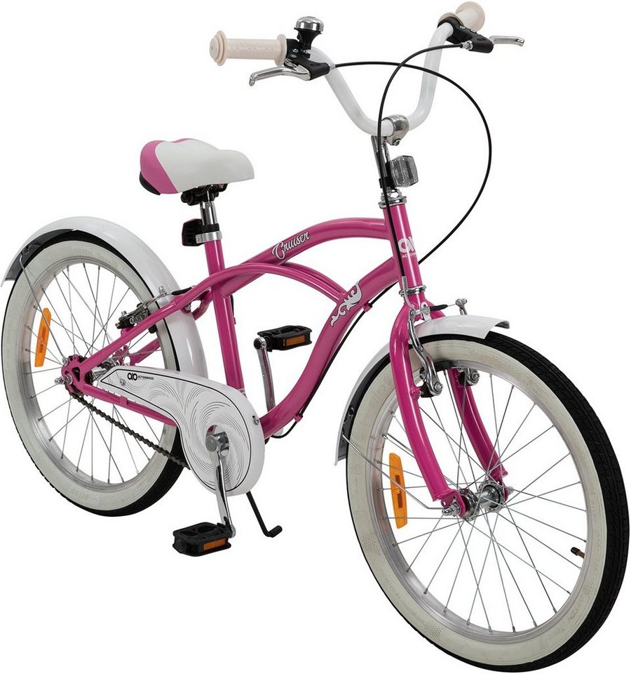 Actionbikes Motors Kinderfahrrad Kinder Fahrrad Cruiser 20 Zoll - ab 6 Jahre, 1 Gang, ohne Schaltung, (Reflektoren, Katzenaugen, Antirutschprofil, Klingel, Kettenschutz, 1-tlg., Trapez-Rahmen, V-Brake-Bremsen, max. Zuladung 40 kg), höhenverstellbares Bike Jungen Mädchen Kinderrad ab 115 cm rosa von Actionbikes Motors