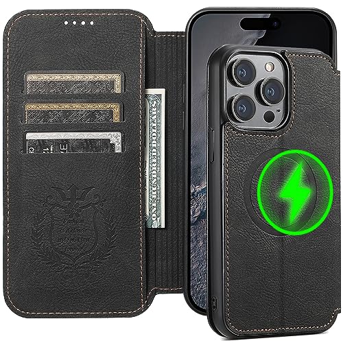 AdirMi Brieftaschen-Hülle für iPhone 15/15 Pro/15 Plus/15 Pro Max, [3 Kartenfächer], stoßfeste Schutzhülle aus PU-Leder [kompatibel mit MagSafe],Black,15 Pro Max von AdirMi