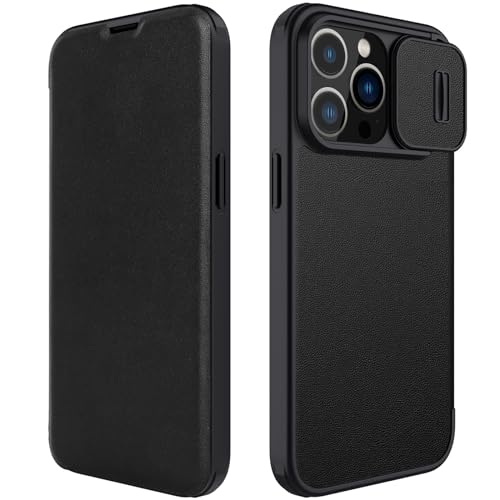 AdirMi Hülle für iPhone 15 Pro Max/15 Pro/15 Plus/15, Kameraschutz Handyhülle, Premium PU Leder Flip ​Schutzhülle Handyhülle mit Slide Camera Cover & Kartenfächer,Black,iPhone15 Pro von AdirMi