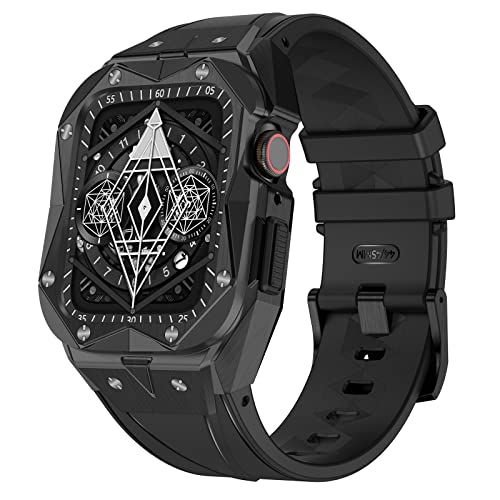AdirMi Luxus Hülle und Armband Kompatibel mit Apple Watch 45mm/44mm Series 9/8/7/6/SE/5/4, Edelstahlgehäuse für Männer, Militärische Schutzhülle mit Sportgurt,Black,45mm von AdirMi