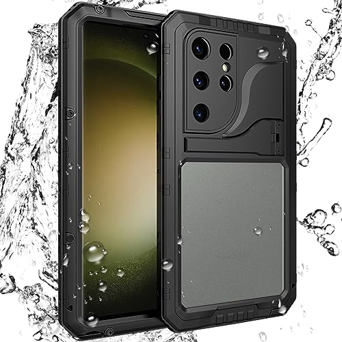 AdirMi Metall Optik Hülle für Samsung Galaxy S23/S23 Plus/S23 Ultra, IP68 Wasserdicht Stoßfest Staubdicht Schneefest Panzerhülle Militär 360 Grad Schutzhülle mit Ständer,Black,S23 von AdirMi