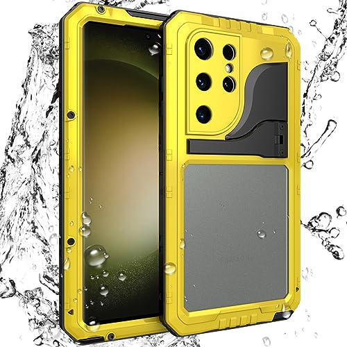 AdirMi Metall Optik Hülle für Samsung Galaxy S23/S23 Plus/S23 Ultra, IP68 Wasserdicht Stoßfest Staubdicht Schneefest Panzerhülle Militär 360 Grad Schutzhülle mit Ständer,Yellow,S23 Ultra von AdirMi