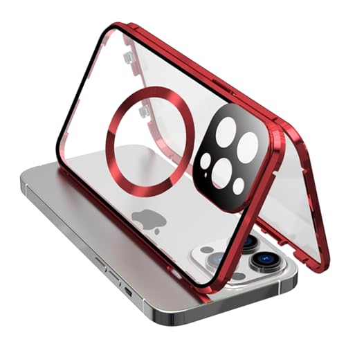 Hülle für iPhone 15/15 Pro/15 Plus/15 Pro Max, Kompatibel mit Magsafe, Magnetische Adsorption 360 Full Body Clear Tempered Glass Metal Bumper Case,Red,15 Plus von AdirMi