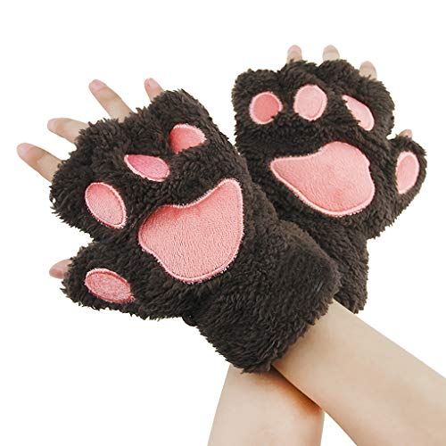 AfinderDE Halbhandschuhe Fingerlos Handschuhe Damen Mädchen Plüsch Halb Handschuhe dicken warmen Fingerhandschue Cartoon Tier Bär Katze Krallen Winterhandschuhe von AfinderDE