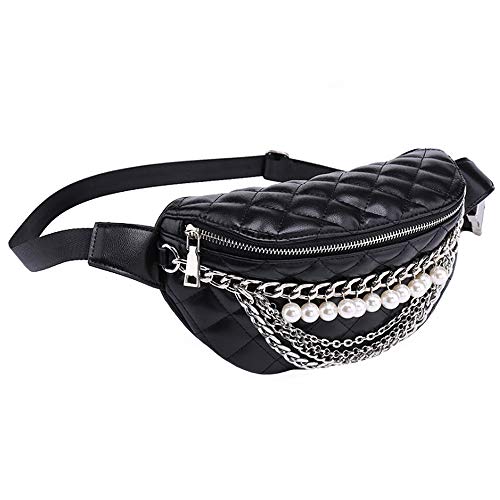 AiSi Kleine Modern Taillenbeutel Hüfttasche Bauchtasche mit Perlen Design Verstellbaren Riemen aus PU Kunstleder für Damen (Schwarz Perle Kette) von AiSi