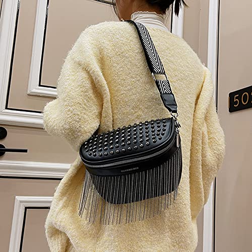 AiSi Kleine Modern Taillenbeutel Hüfttasche Bauchtasche mit Quaste Verstellbaren Abnehmbaren Riemen aus PU Kunstleder für Damen (Schwarz mit Quaste) von AiSi