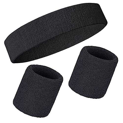 Schweißbänder Handgelenk Schweißbänder Stirnband Set Sport Wristbands Headbands 3 Stück,Sport Schweißband Armband Stirnbänder für Fußball Basketball Tennis Gymnastik (Schwarz) von Ailiver