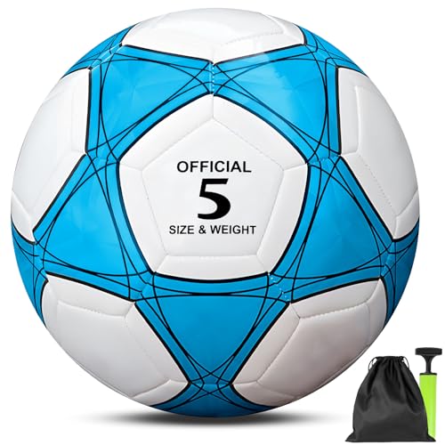 Aipwerer Fußball Ball Größe 5, Kinder Jugend Match Fußball,Wasserdicht Sport Fußbälle Training Ball für Teenager Erwachsene Mit Netz und Luftpumpe (Blau) von Aipwerer