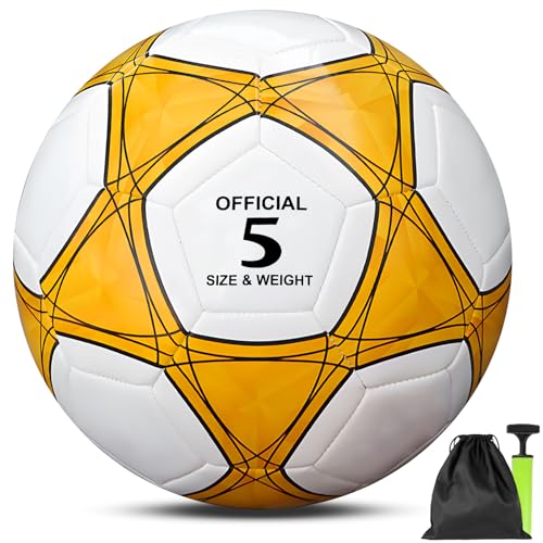 Aipwerer Fußball Ball Größe 5, Kinder Jugend Match Fußball,Wasserdicht Sport Fußbälle Training Ball für Teenager Erwachsene Mit Netz und Luftpumpe (Gelb) von Aipwerer