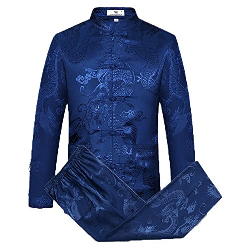 Airuiby Tang Anzug Männer Traditionelle chinesische Kleidung Anzüge Hanfu Baumwolle Langärmeliges Shirt Mantel Herren Tops und Hosen (Dunkel blau, Large) von Airuiby