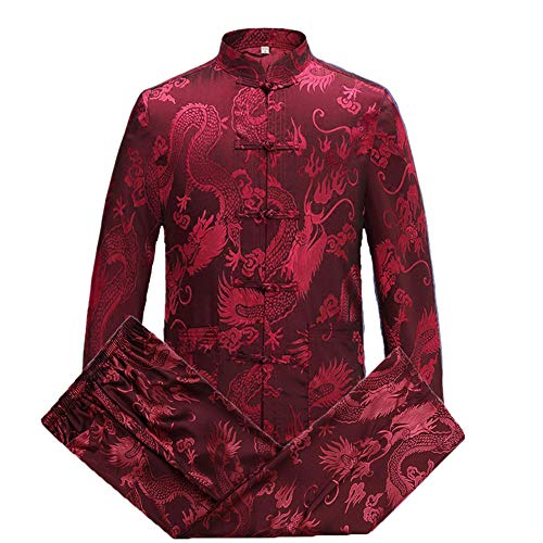 Airuiby Tang Anzug Männer Traditionelle chinesische Kleidung Anzüge Hanfu Baumwolle Langärmeliges Shirt Mantel Herren Tops und Hosen (Rot, Large) von Airuiby
