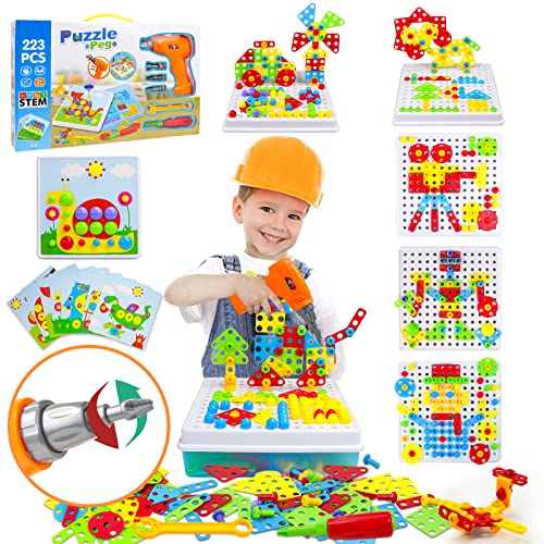 Steckspiel Spielzeug ab 3 Jahre mit Bohrmaschine Pädagogisch Kreativ Spielzeug 3D Puzzle Mosaik Werkzeugkoffer Kinder Spiele ab 3 4 5 6 Jahre für Jungen Mädchen (223 Stücke) von Akokie